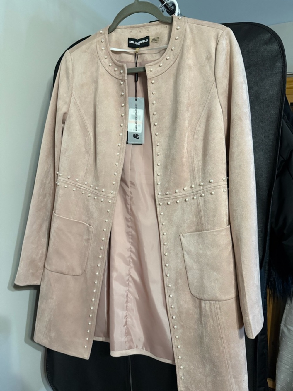 Karl Lagerfeld Blush Pink Pearl-Stud Suede Longline Coat